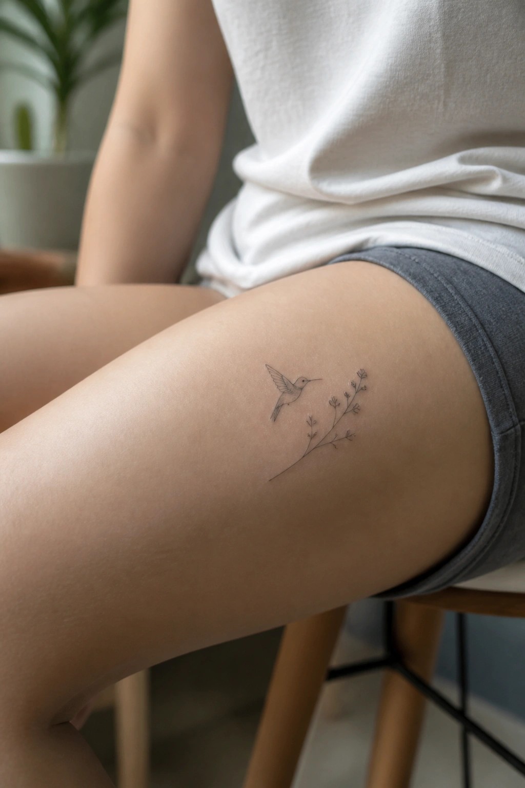 Hummingbird and floral branch tattoo on thigh of person in white shirt and shorts