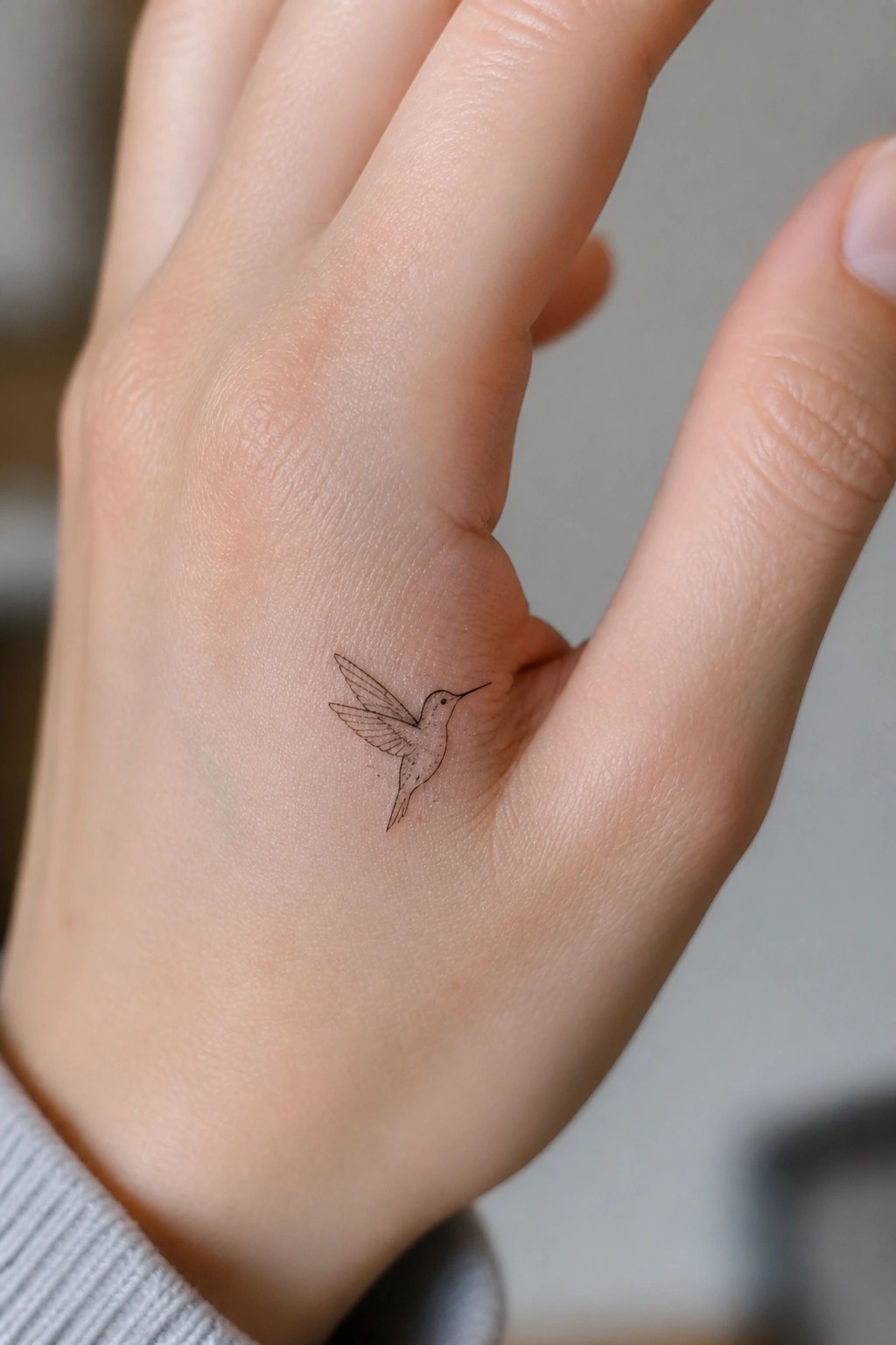 Hand with small black hummingbird tattoo on side near pinky, gray sleeve visible.