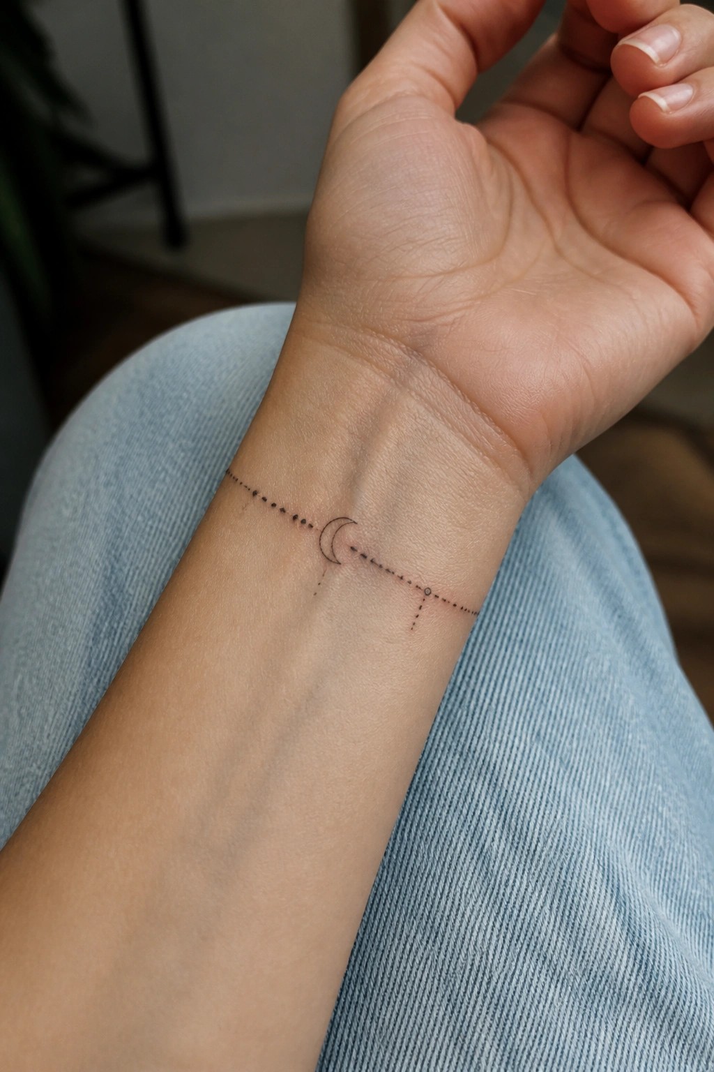 Wrist with fine-line crescent moon tattoo on dotted line over blue denim jeans.