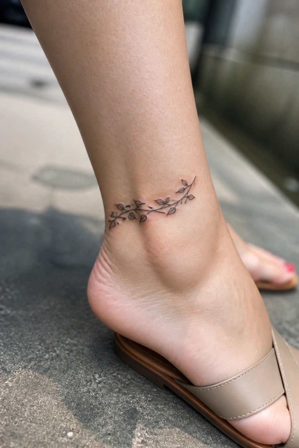 Fine line black ink vine with leaves tattooed around an ankle