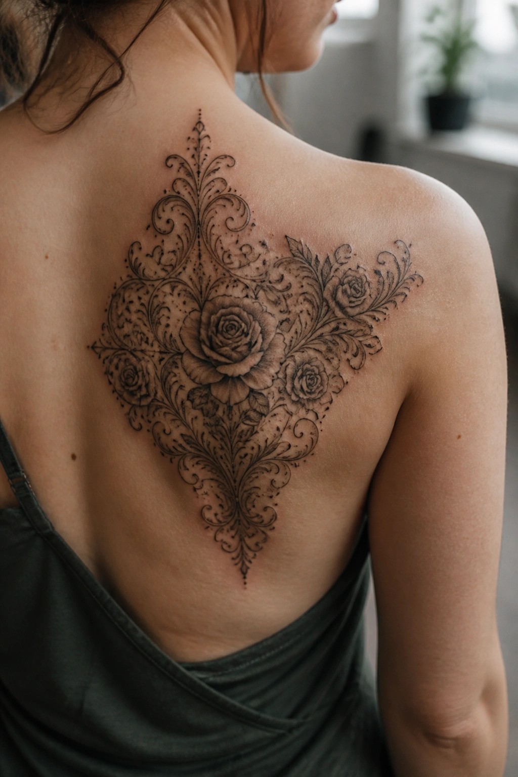 Woman's back with large ornate black rose and filigree tattoo over green top