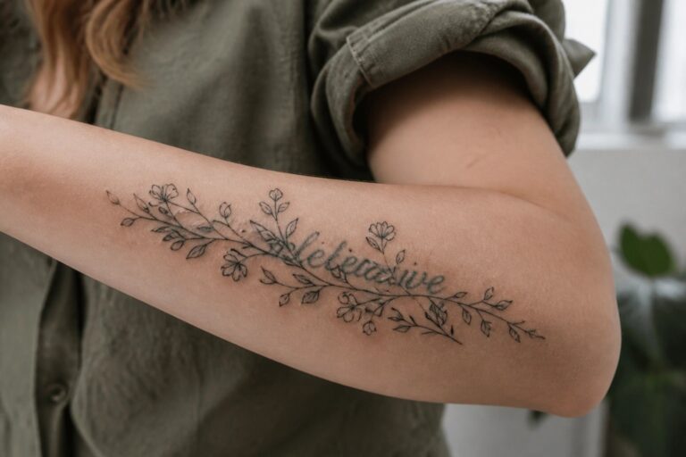 Floral vine tattoo on forearm under rolled white shirt sleeve with jeans.