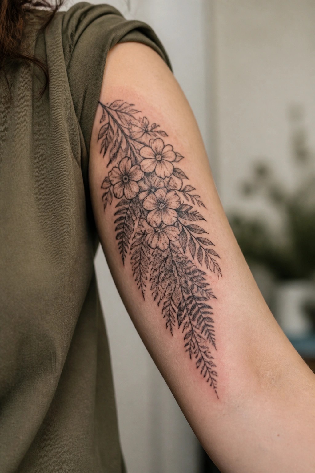 Black and white fine line floral tattoo with flowers and fern leaves on upper arm