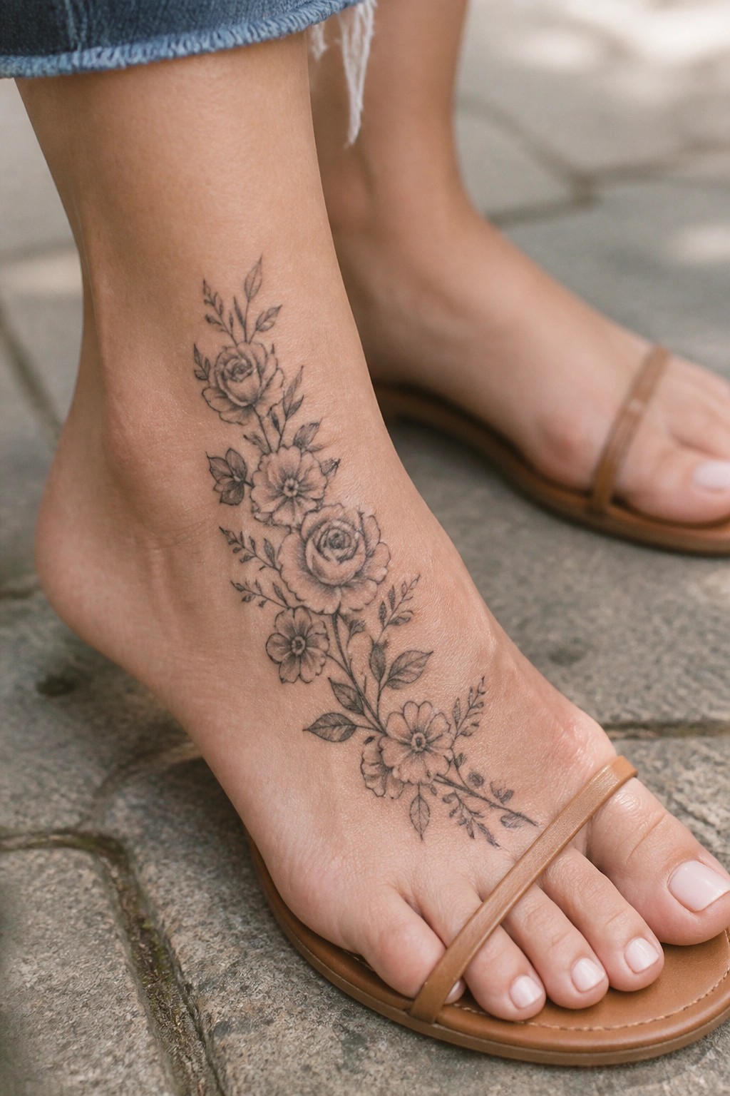 Floral rose tattoo along foot in brown sandal under frayed denim jeans