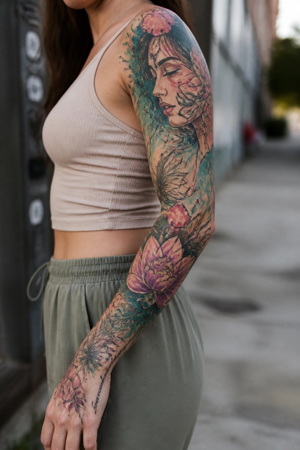 Woman's arm with colorful tattoo sleeve of face, flowers, and lotus in urban setting