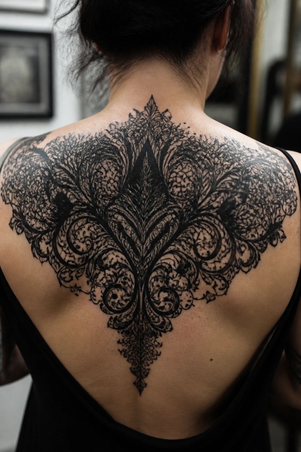 Woman's upper back with large intricate black ornamental tattoo and black tank top
