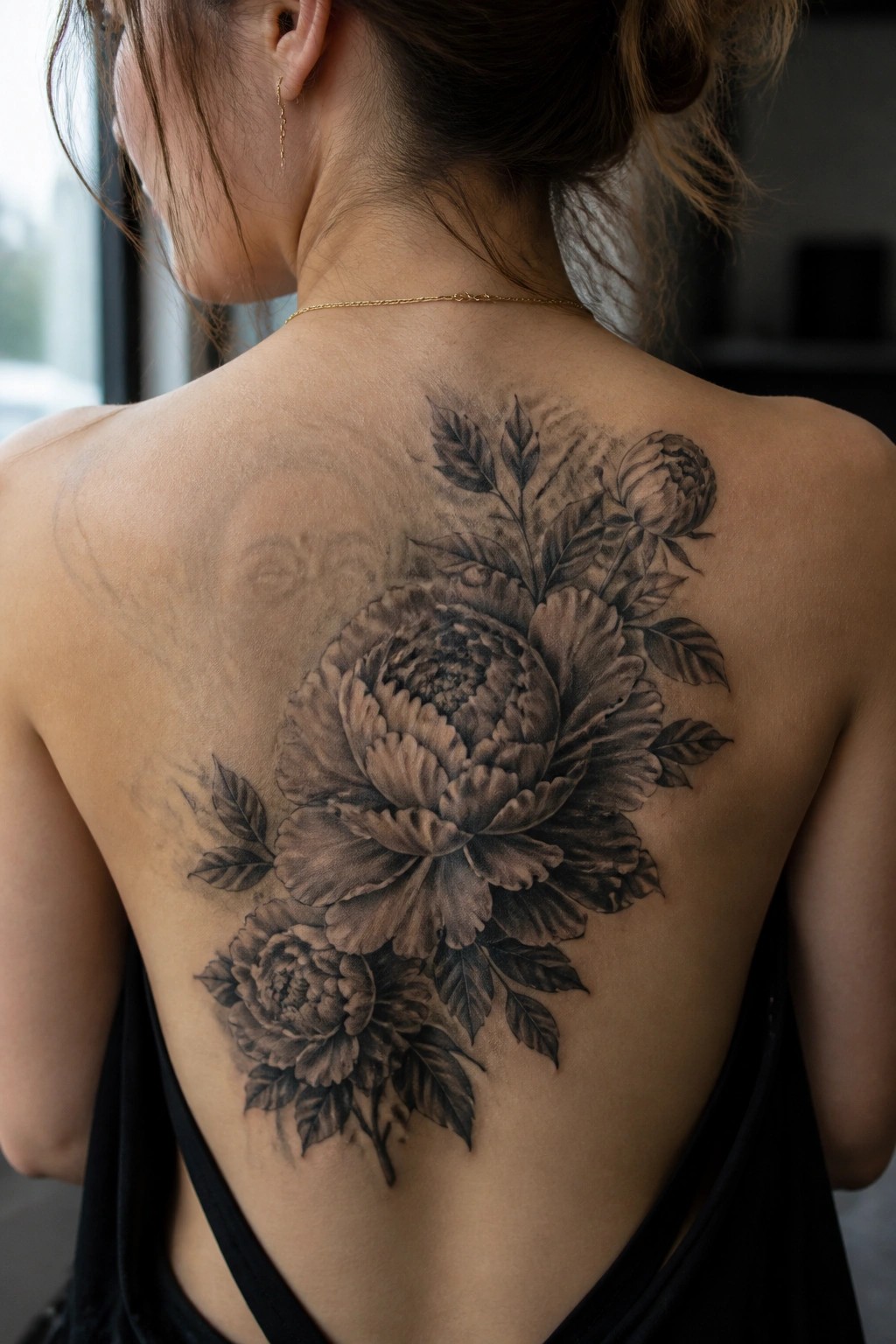 Woman's back with large black peony tattoo, gold necklace, and black straps