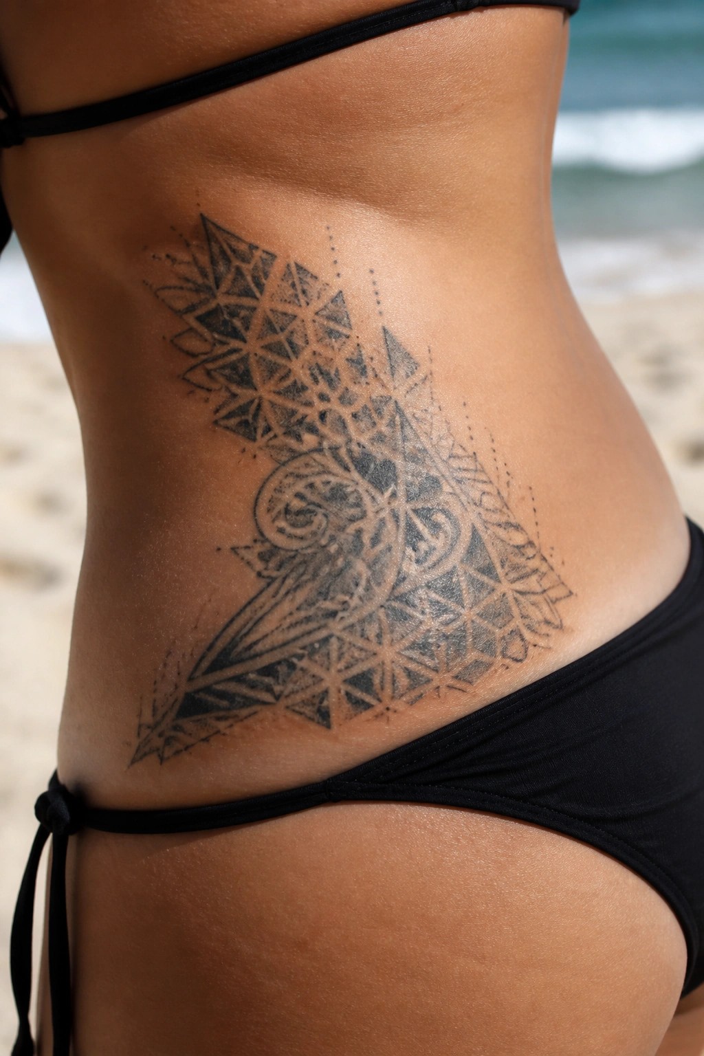 Geometric tattoo on hip and torso in black bikini on beach