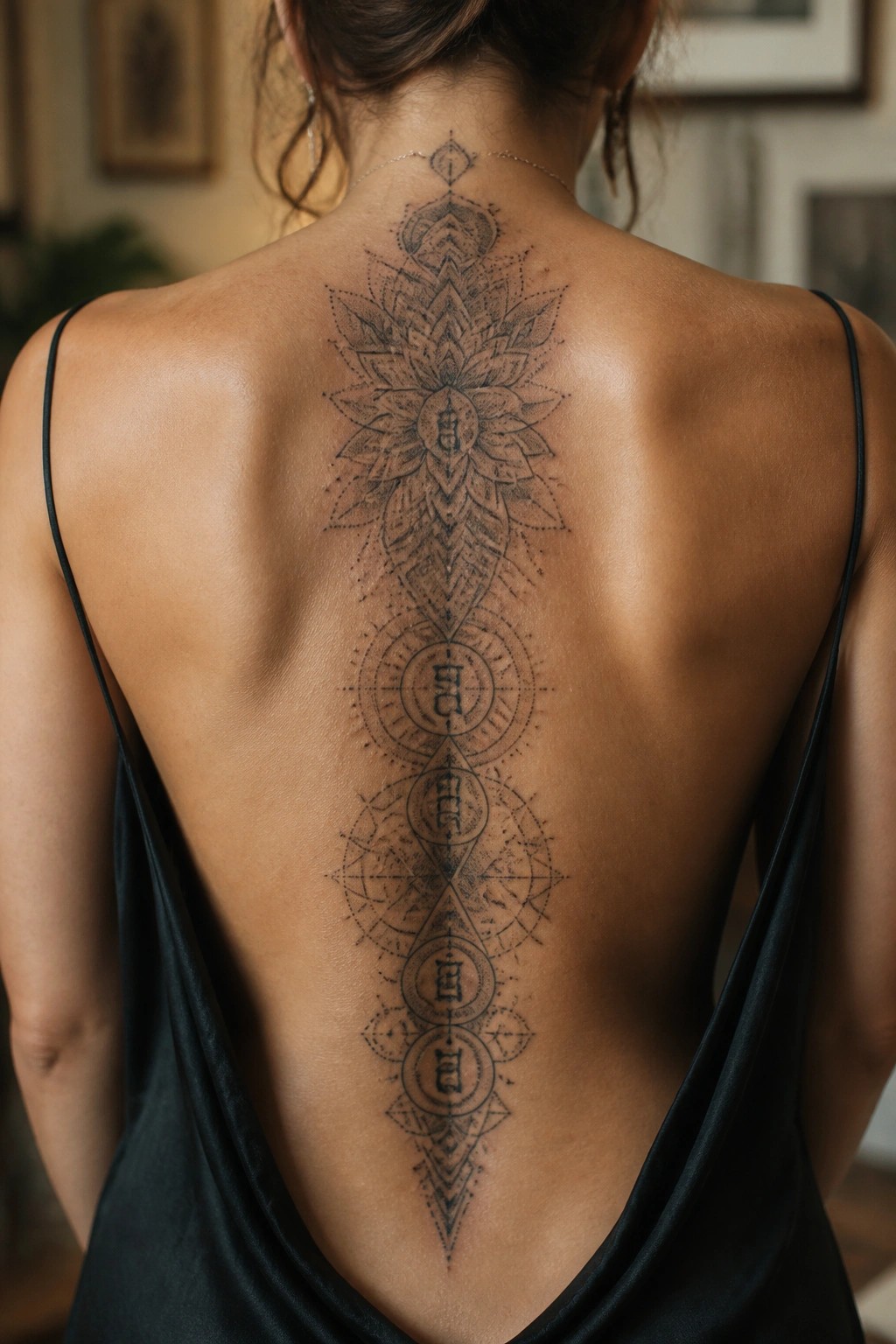 Woman's back with large intricate mandala lotus tattoo and symbols in black low-back dress.
