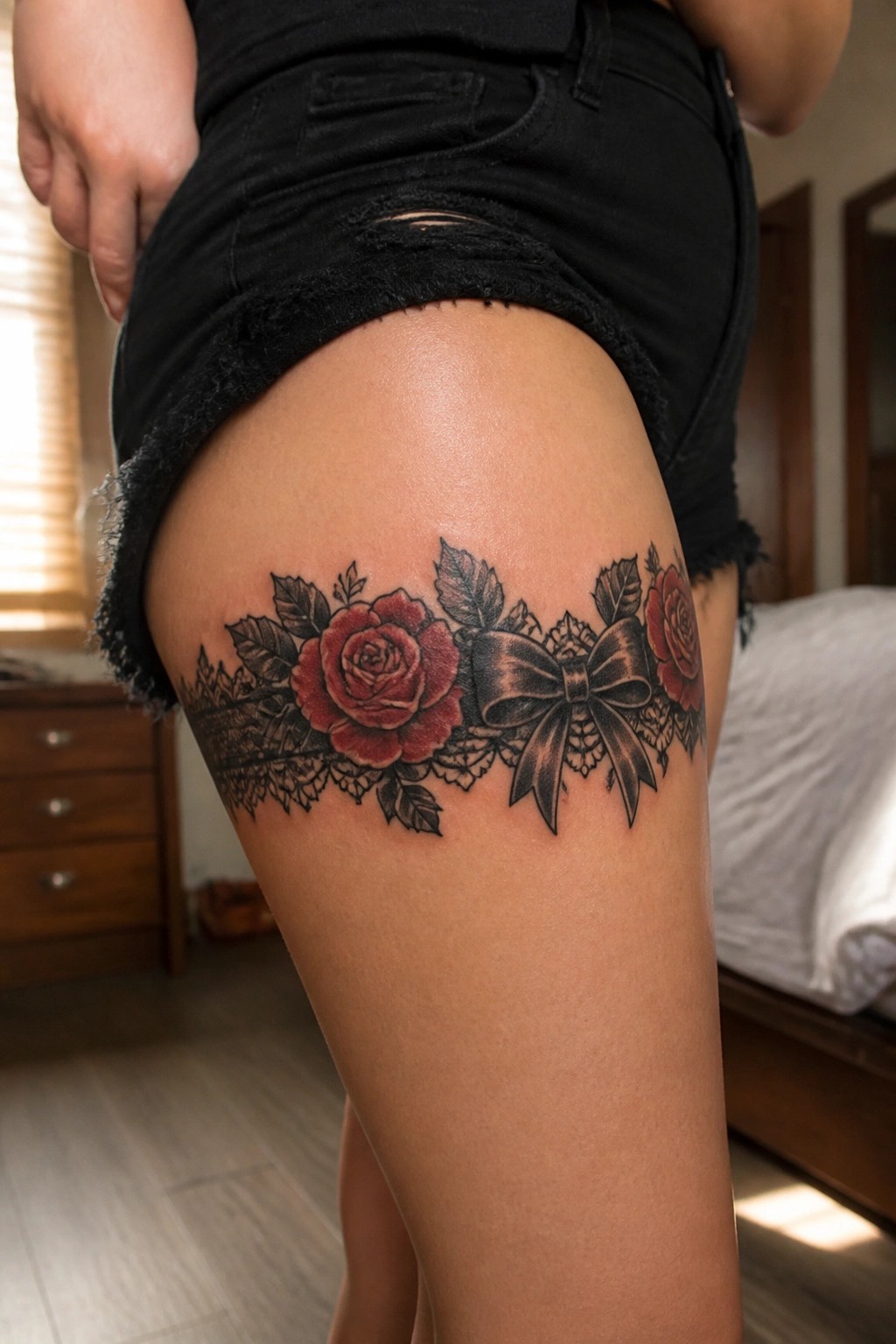 Red rose thigh tattoo with black bow and lace under denim shorts