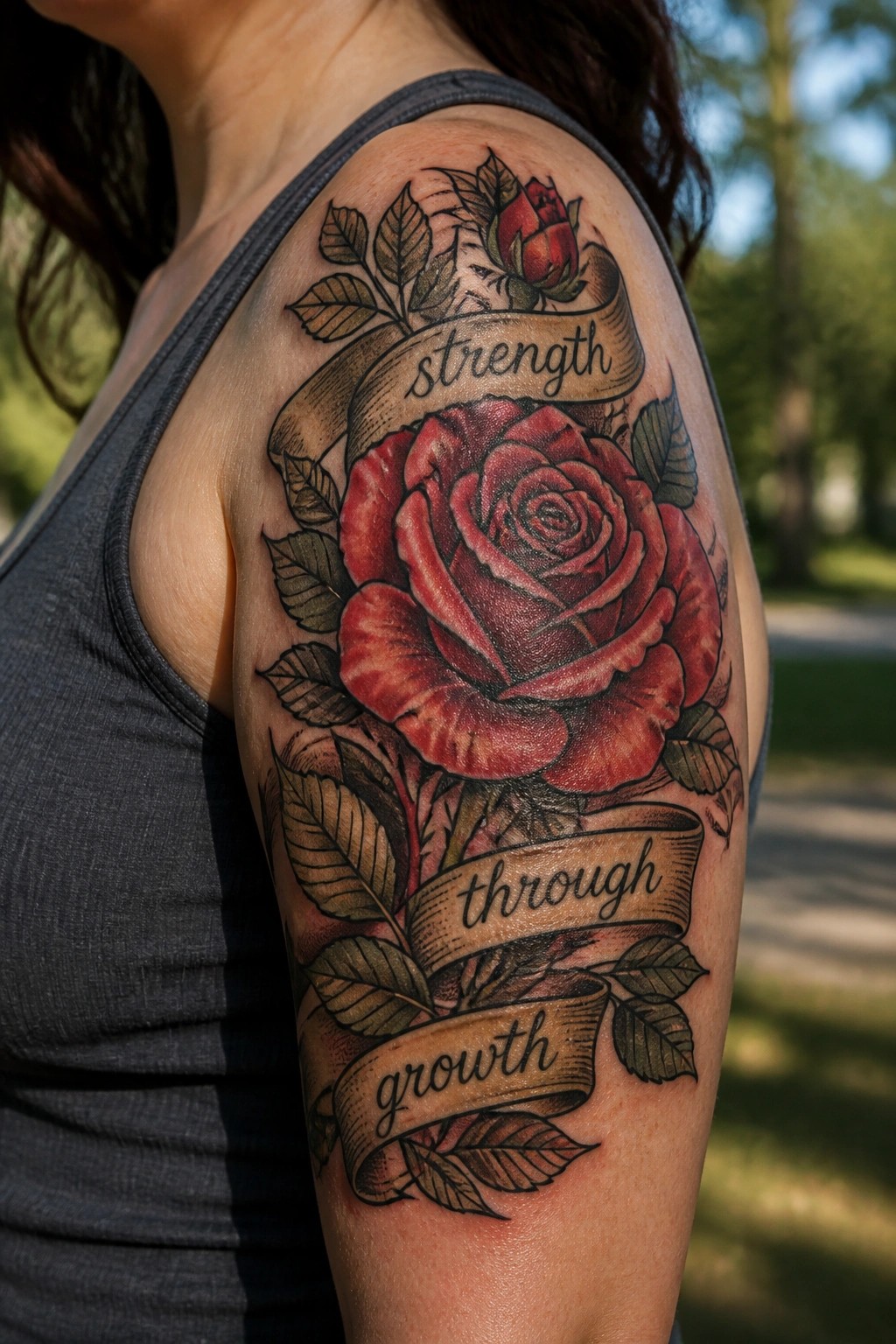 Woman's shoulder in gray tank top with red rose tattoo and 