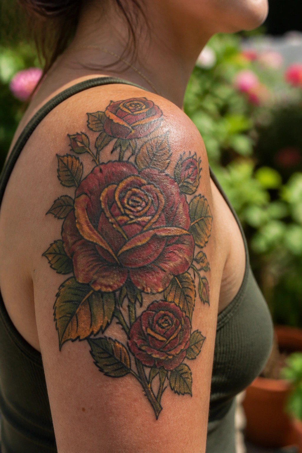 Shoulder tattoo of red roses with yellow accents and green-brown leaves in sunlight
