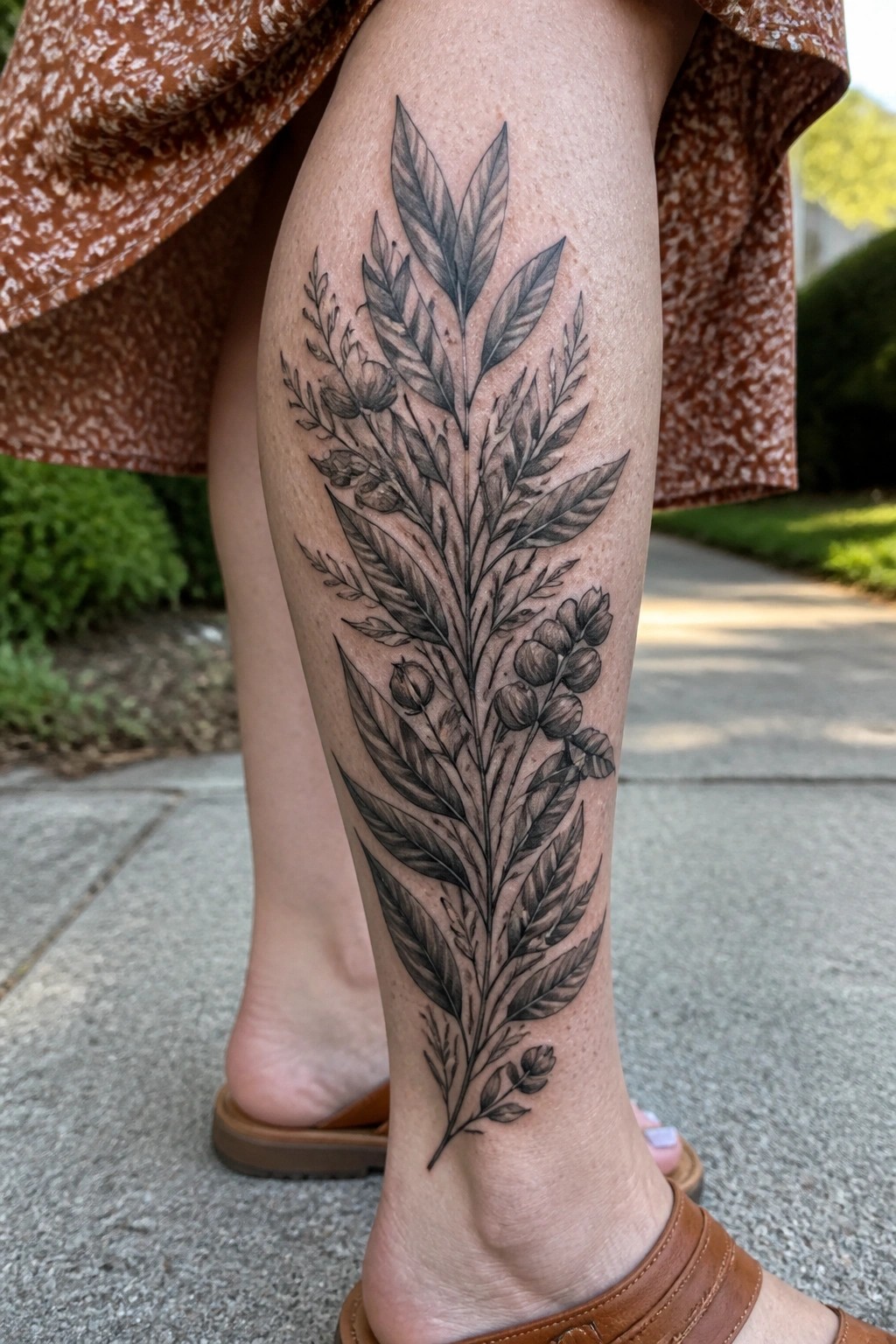 Botanical tattoo of leaves, flowers, and pods on leg with brown dress and sandal