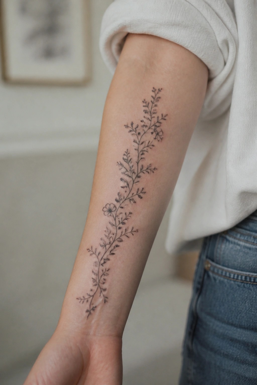 Floral vine tattoo on forearm under rolled white shirt sleeve with jeans.