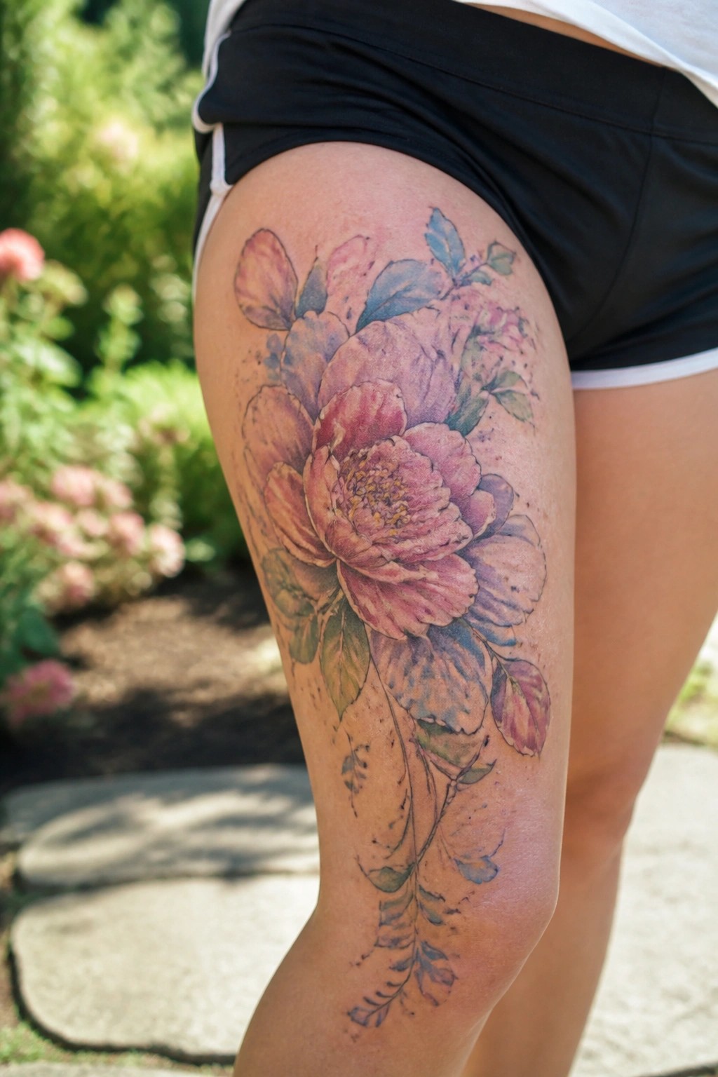 Watercolor pink peony tattoo on thigh with black shorts in sunny garden