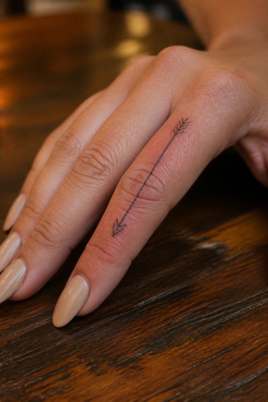 Hand with beige manicured nails and black arrow tattoo on ring finger over wood