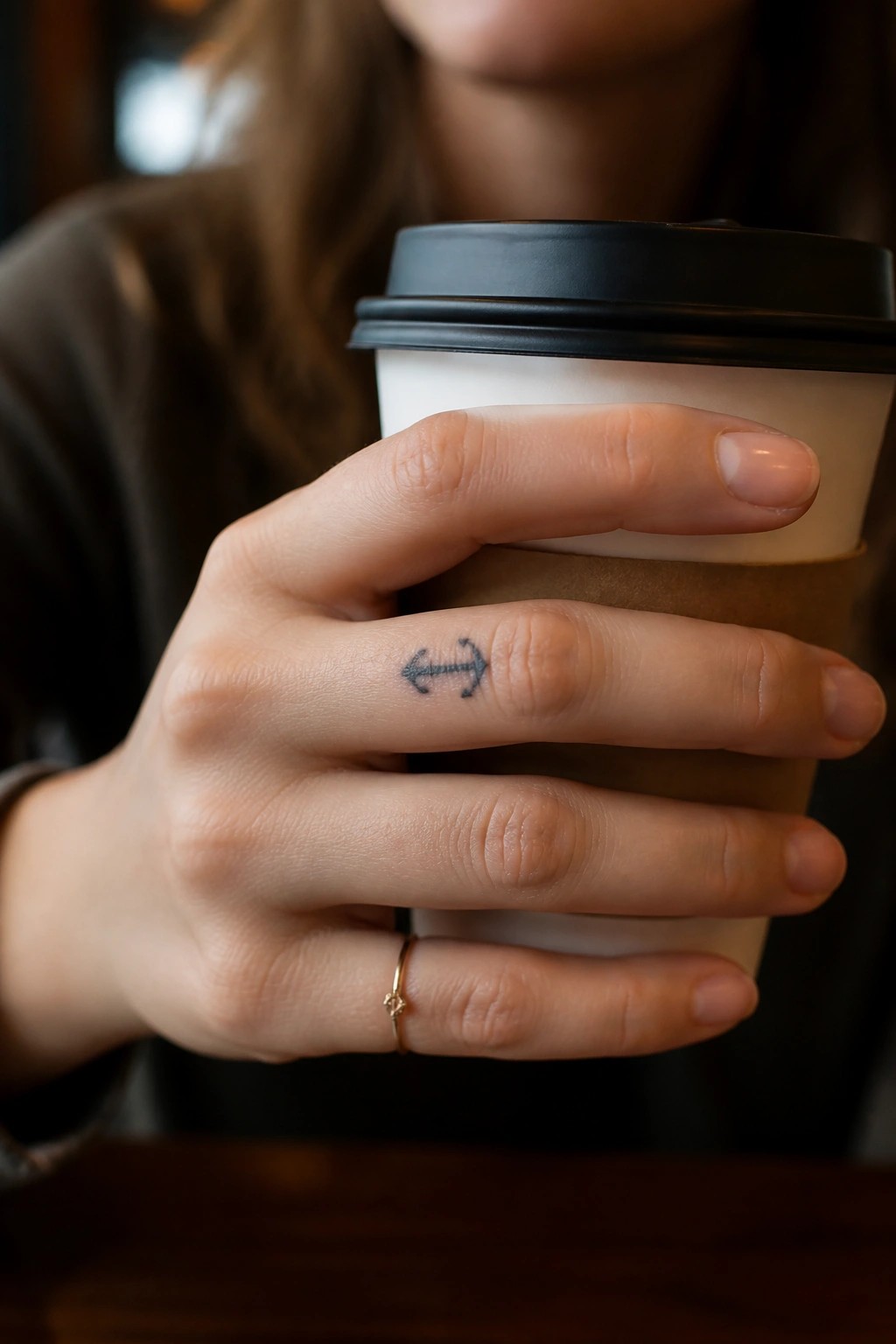 Hand with double-arrow tattoo and gold ring holding white coffee cup with black lid