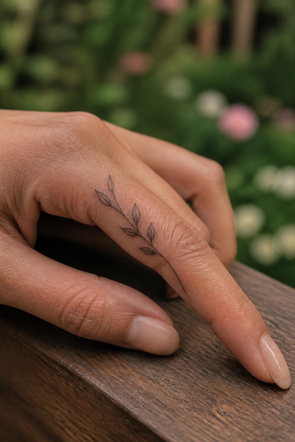 Hand with delicate leafy branch tattoo on finger resting on wood