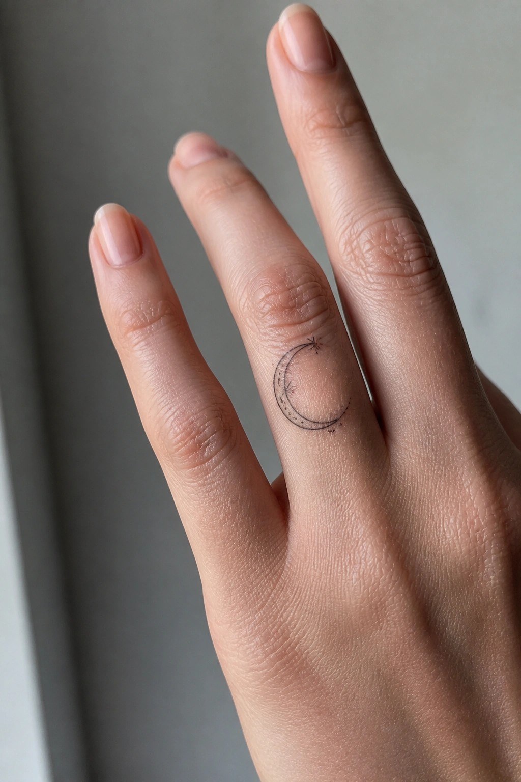 Hand with manicured nails and crescent moon stars tattoo on ring finger.