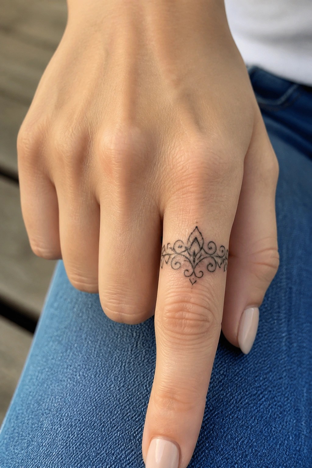 Hand with ornate black tattoo on ring finger resting on blue denim jeans