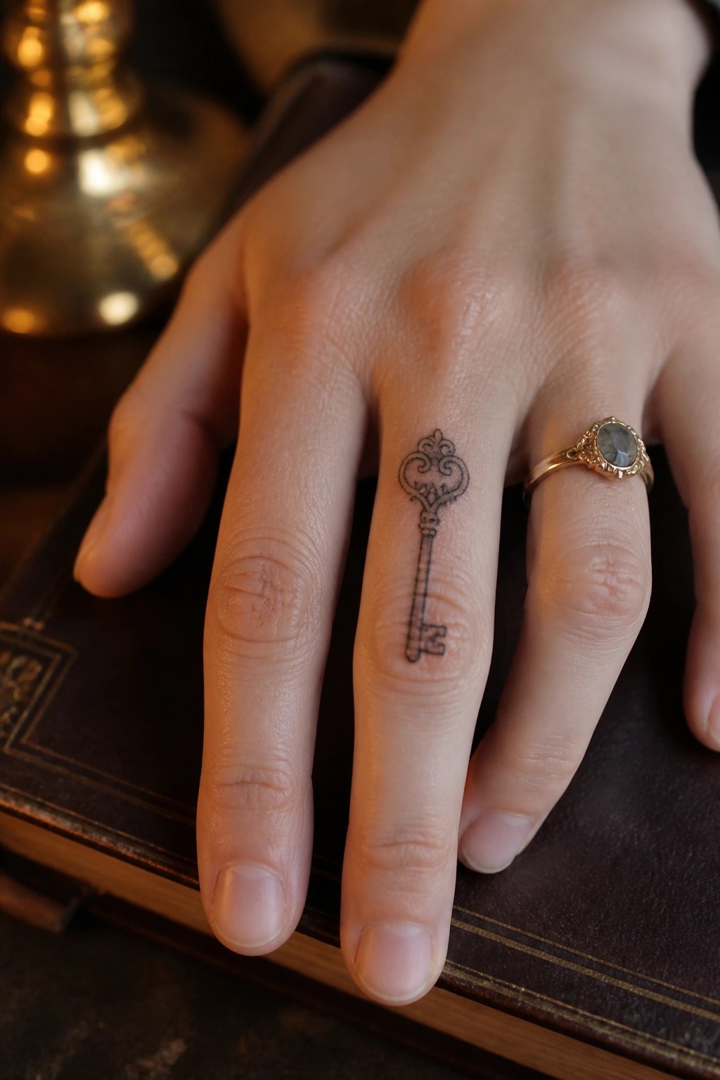 Hand with ornate key tattoo and gold ring resting on dark leather book