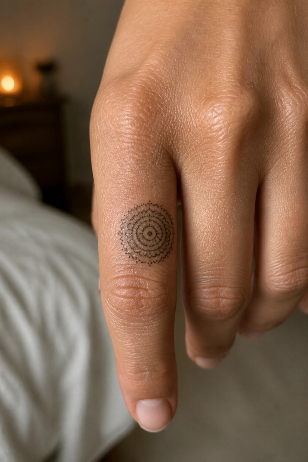 Close-up of a hand with a small black mandala tattoo on the index finger.