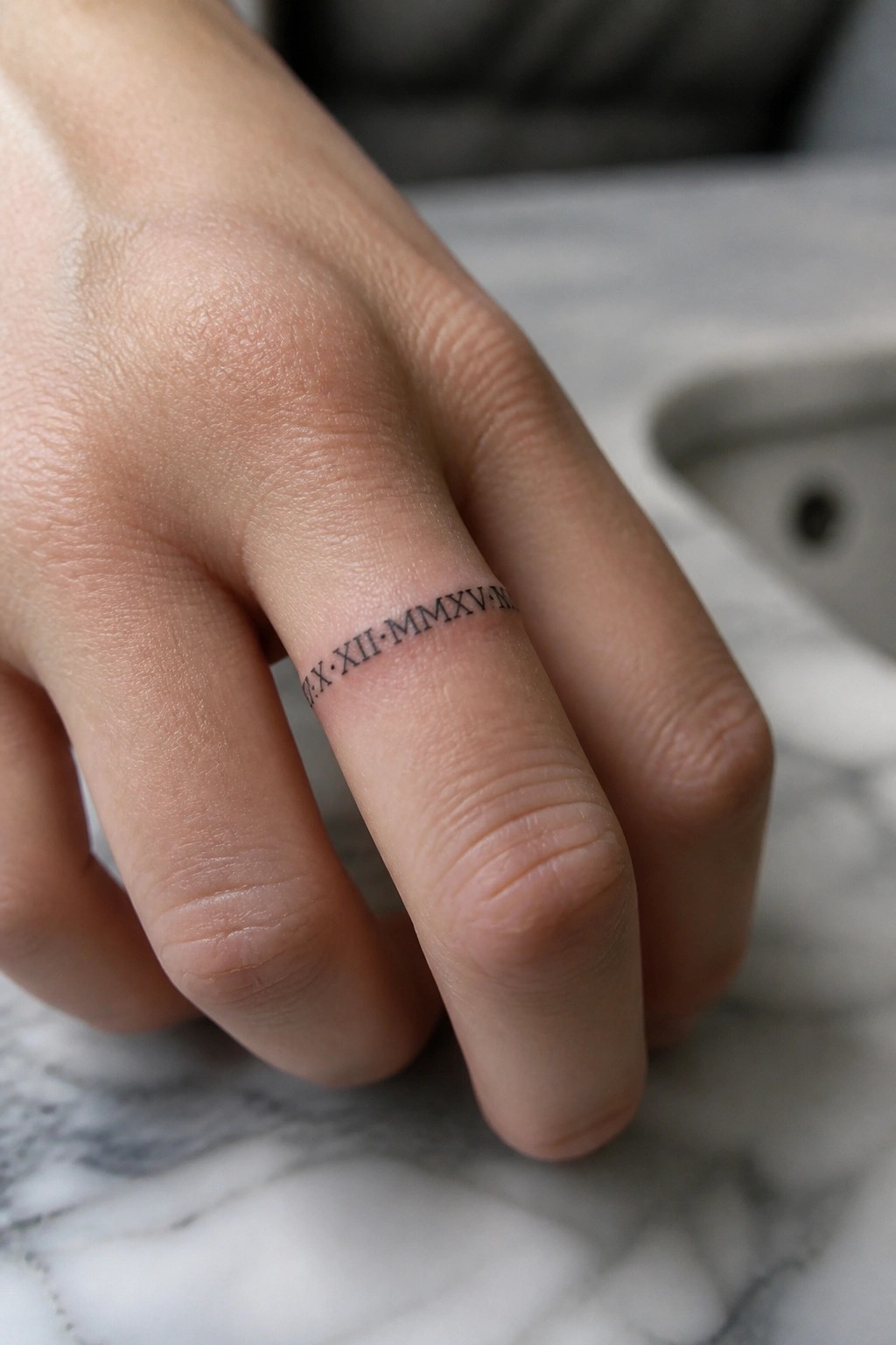 Small roman numeral date tattoo on the side of a ring finger in black ink