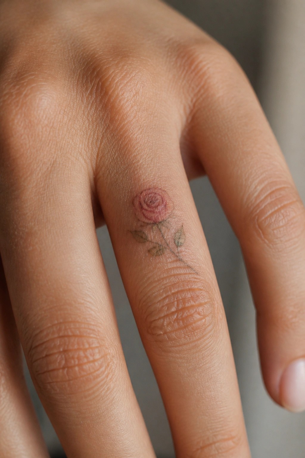Close-up of a pink rose tattoo with green leaves on a finger.