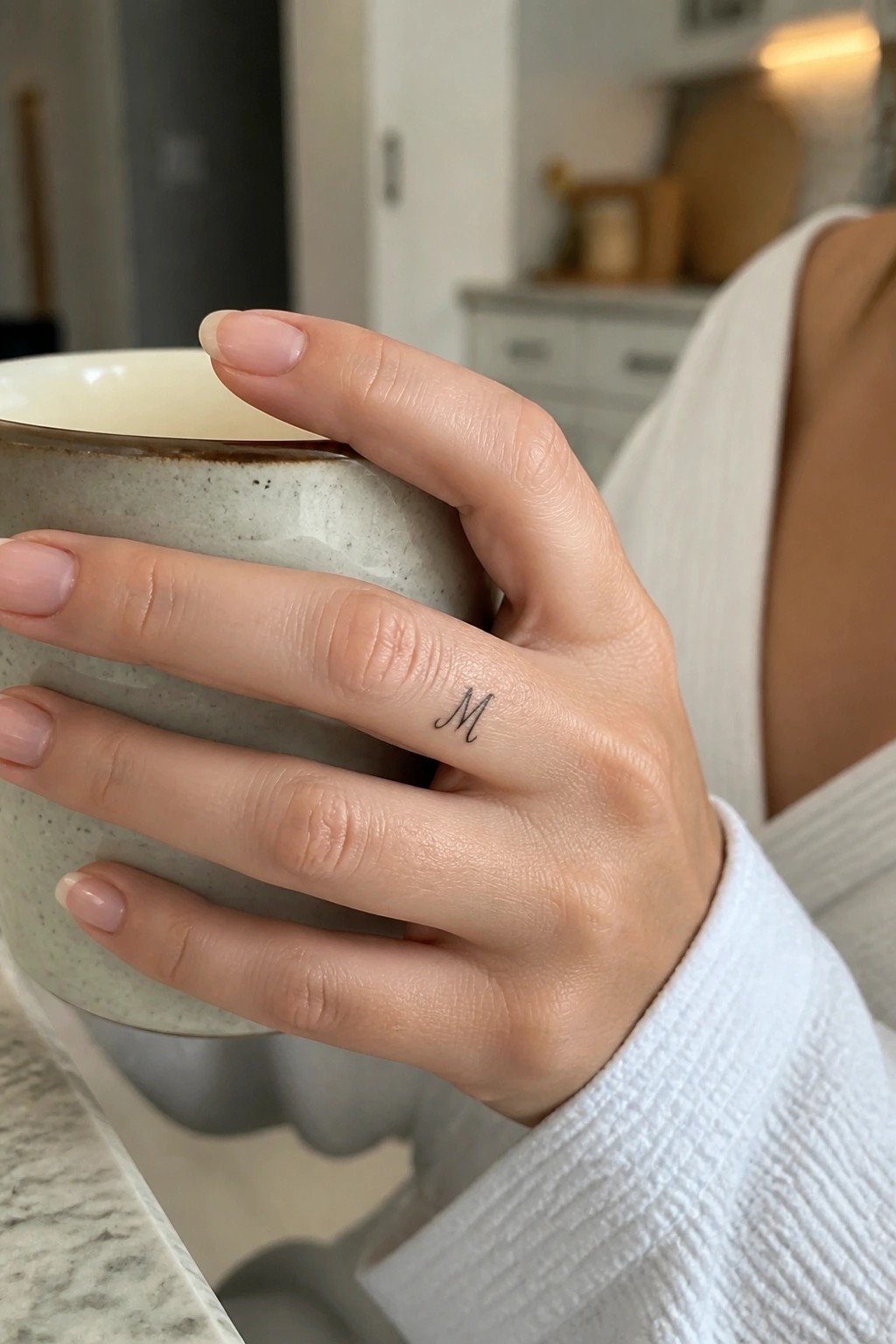 Hand with M tattoo and pink nails holding speckled ceramic mug in white sleeve