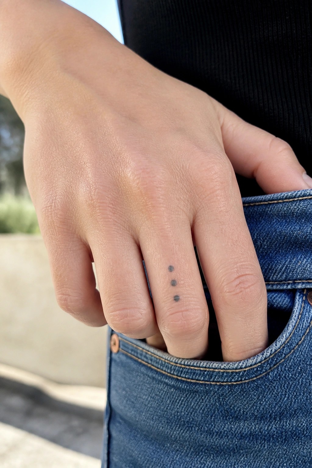 Hand with three black dots tattoo on ring finger in blue jeans pocket