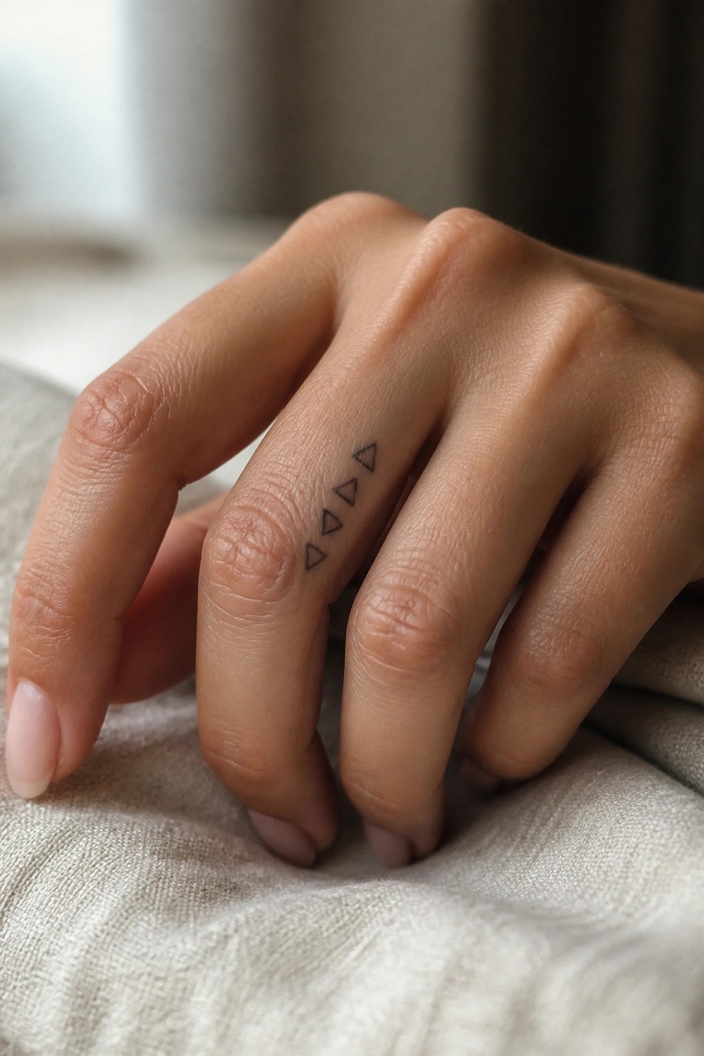 Hand with four small black triangle tattoos on ring finger over light fabric