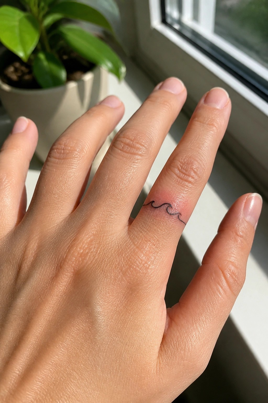 Hand with fresh black wave tattoo on swollen red ring finger near plant and window