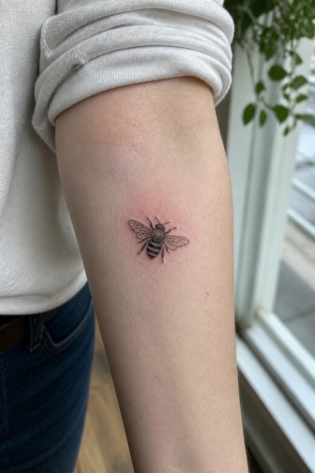 Bee tattoo on forearm with red skin, white shirt sleeve rolled up
