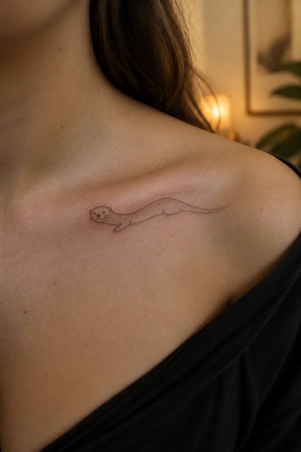 Minimalist otter line tattoo on shoulder above black off-shoulder top in warm light