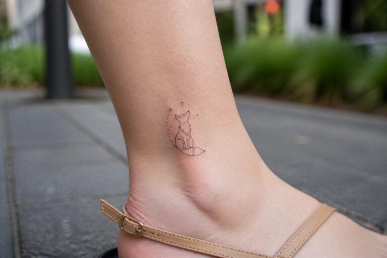 18 Chic Small Animal Tattoos for Women Who Love Delicate Designs Fox tattoo in dotted circle on ankle above brown sandal straps