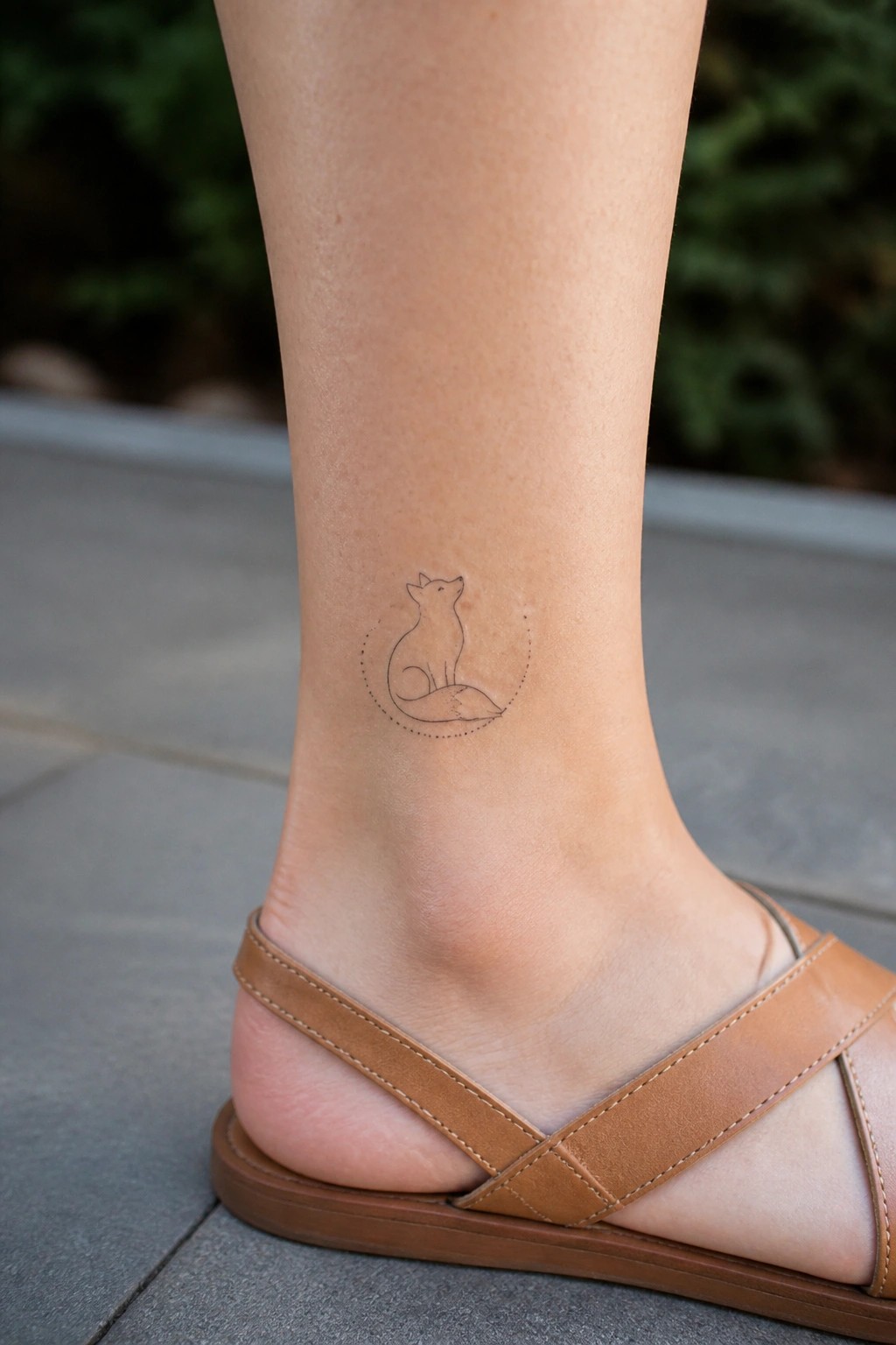 Fox tattoo in dotted circle on ankle above brown sandal straps