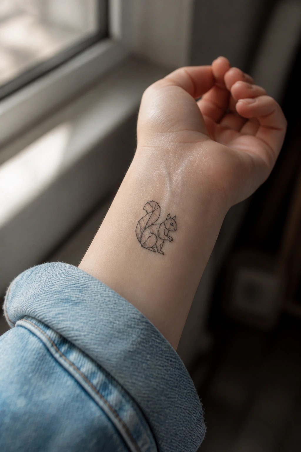 Geometric squirrel tattoo on wrist above blue denim cuff near sunlit window