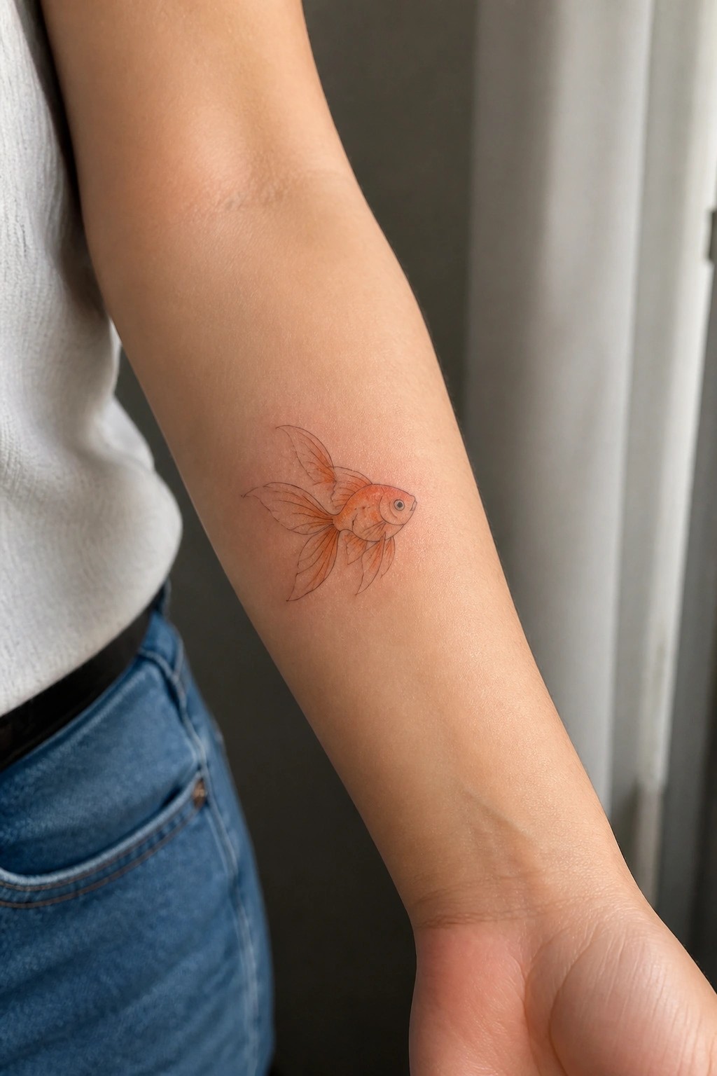 Orange goldfish tattoo on forearm of person in white shirt and blue jeans