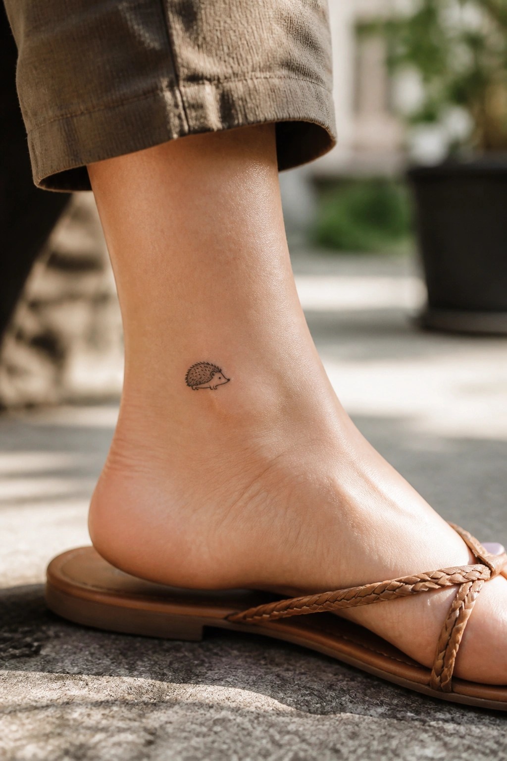 Small hedgehog tattoo in simple line art on the ankle above a sandal.