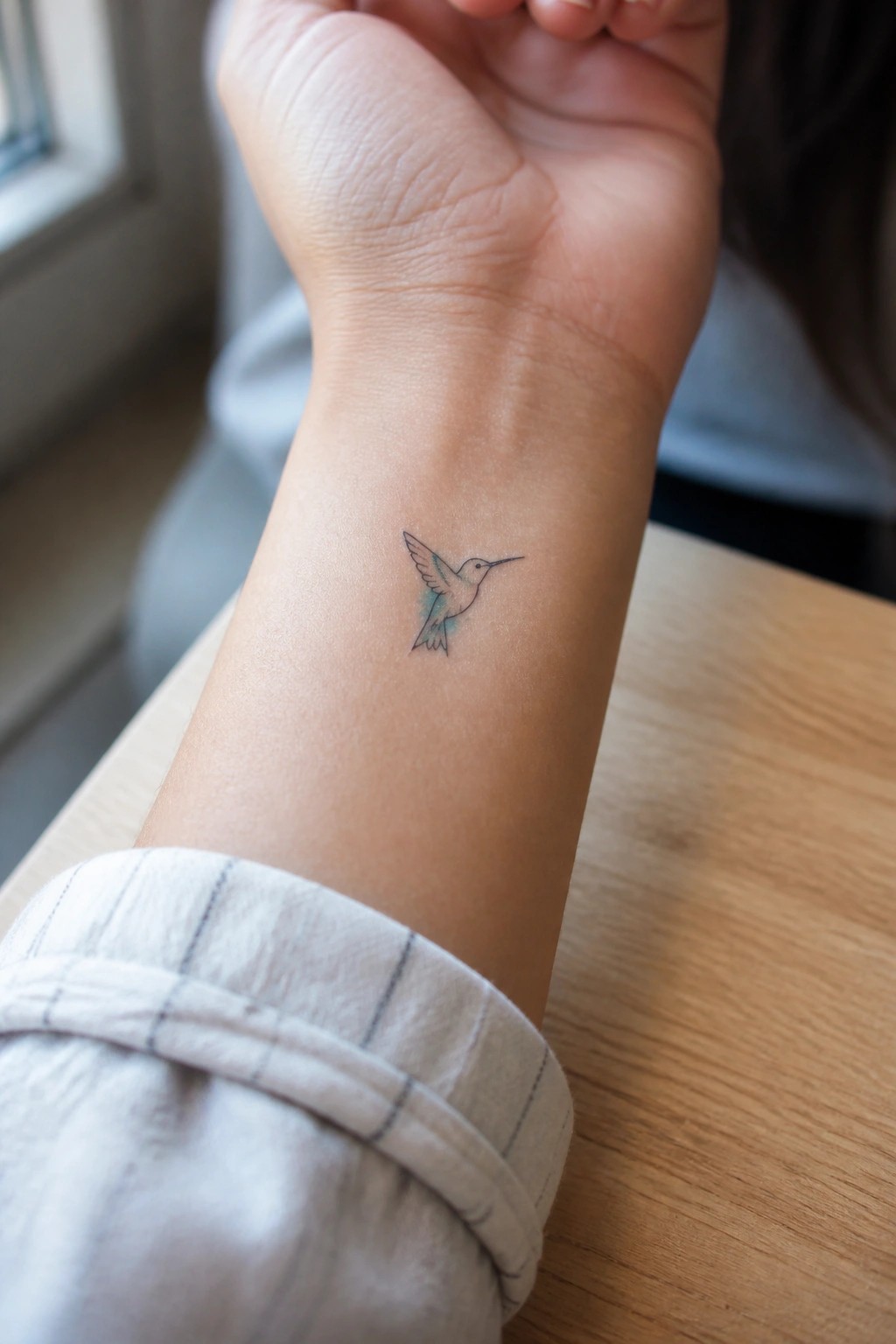 Tiny hummingbird tattoo on inner wrist above light striped shirt cuff on wood table