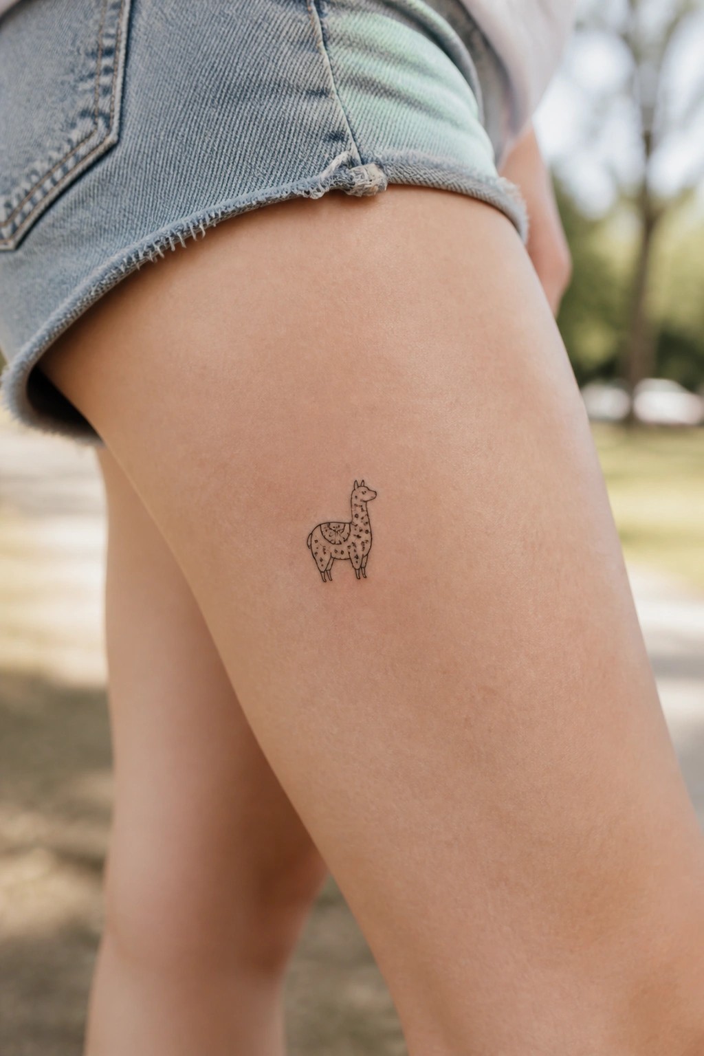 Frayed denim shorts frame a small patterned llama tattoo on thigh.