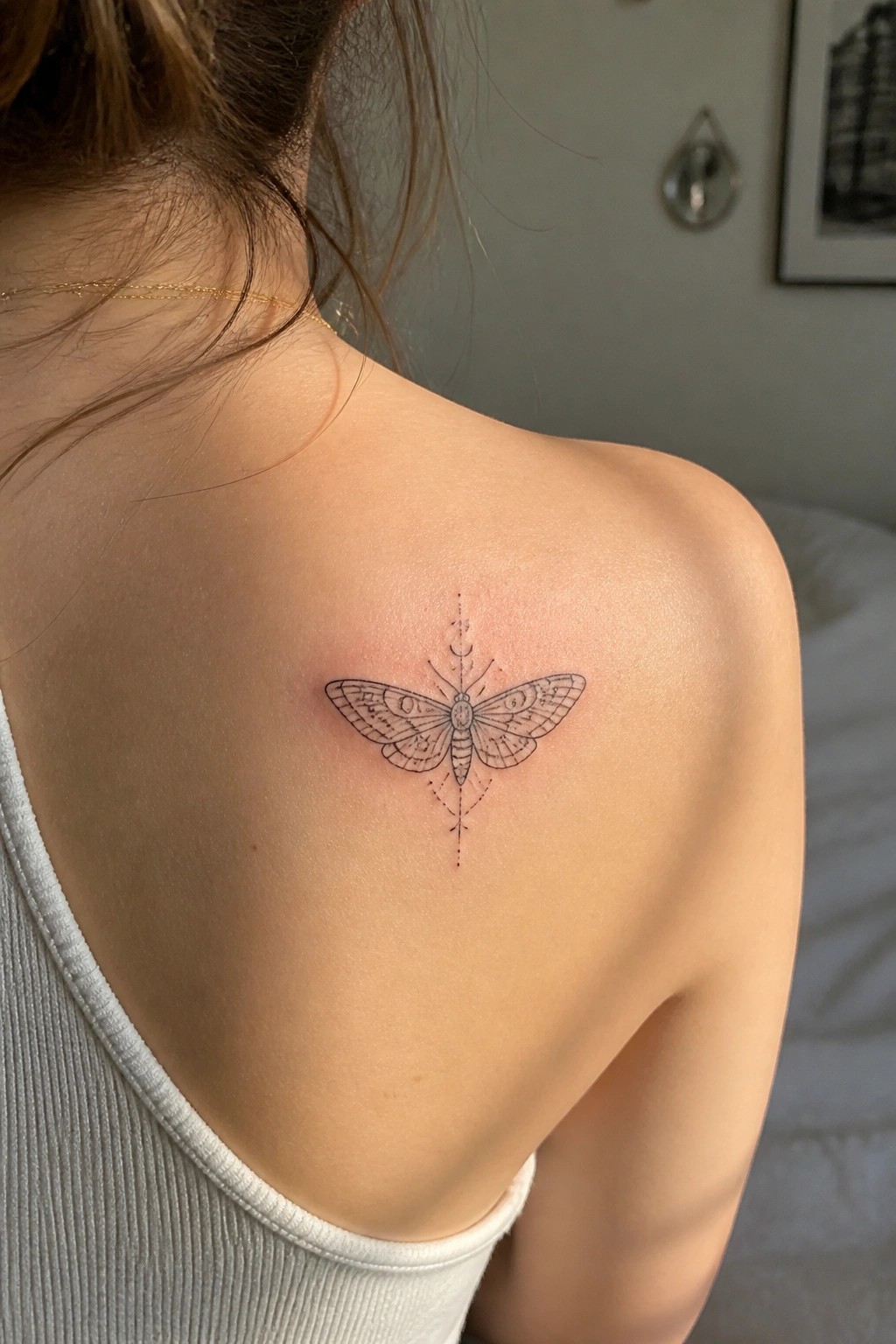 Fine line moth tattoo placed on a woman's shoulder with minimal celestial details above and below the insect.