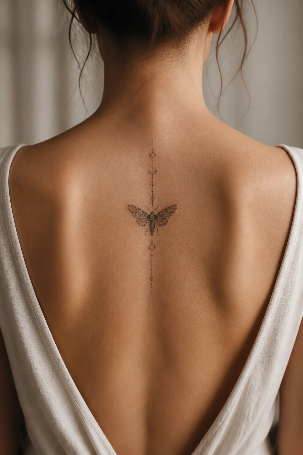 Fine line moth tattoo centered on the upper back with a vertical line of moon phases along the spine