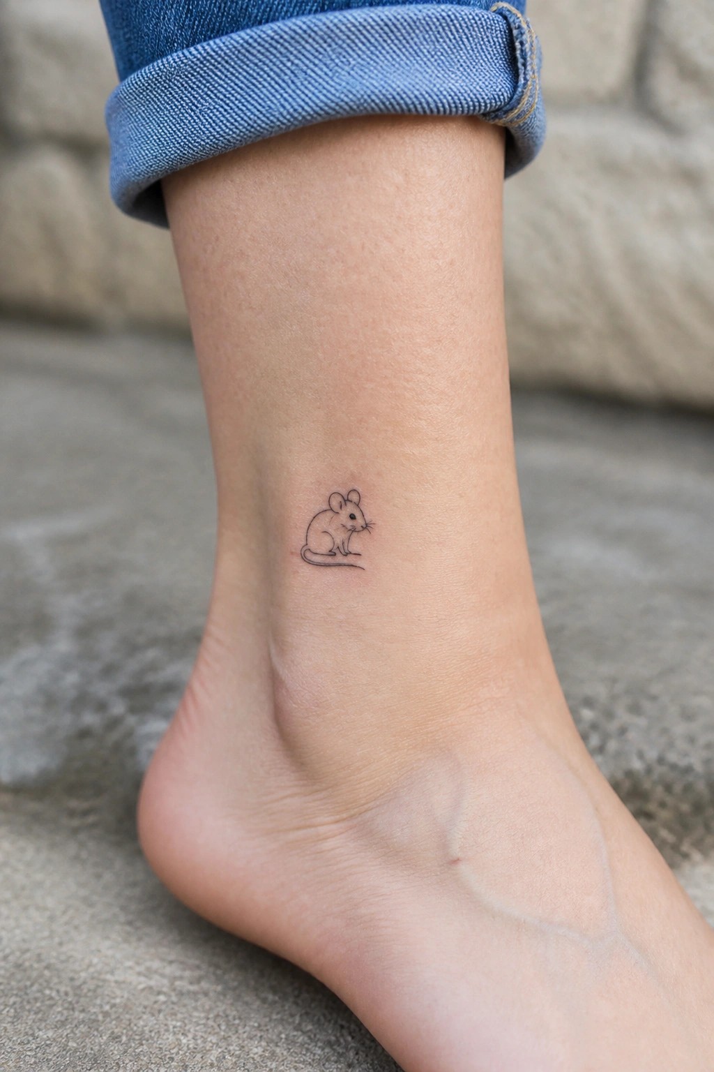 Small mouse tattoo on ankle above bare foot with rolled-up blue jeans cuff