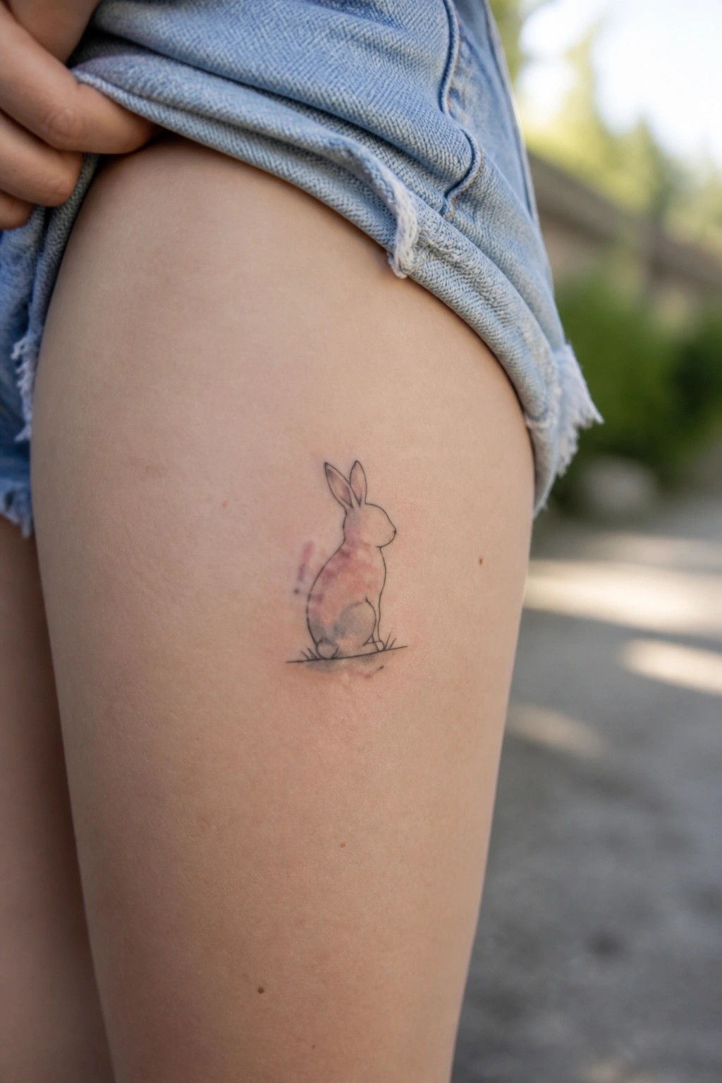 Blue denim shorts lifted to reveal pink watercolor rabbit tattoo on thigh.