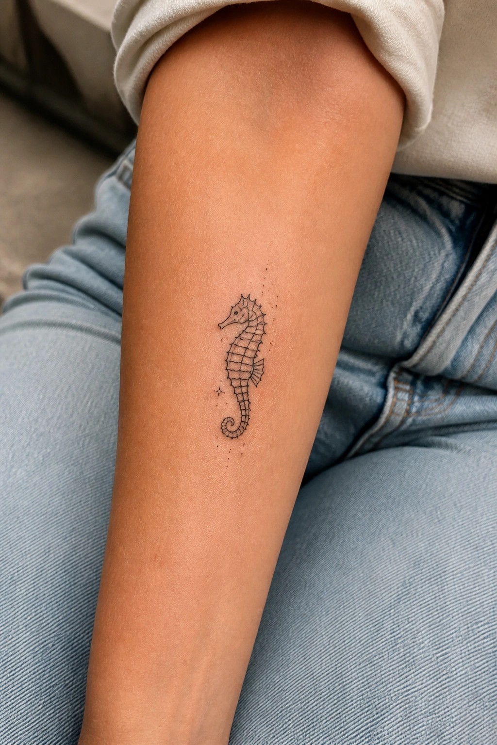 Seahorse tattoo with dots on thigh beside blue jeans and white shirt.