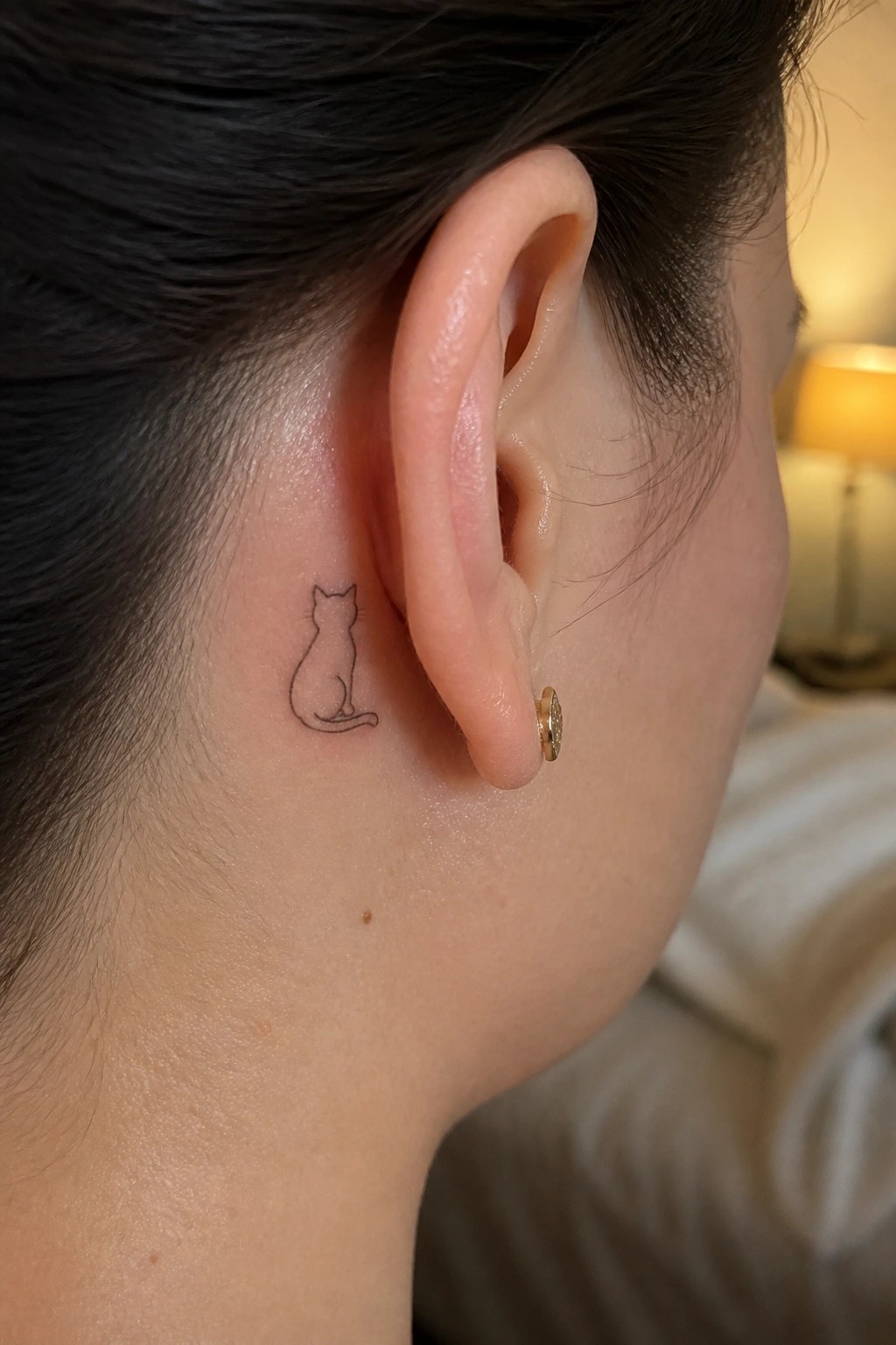 Small outline of a sitting cat tattoo behind a woman's ear