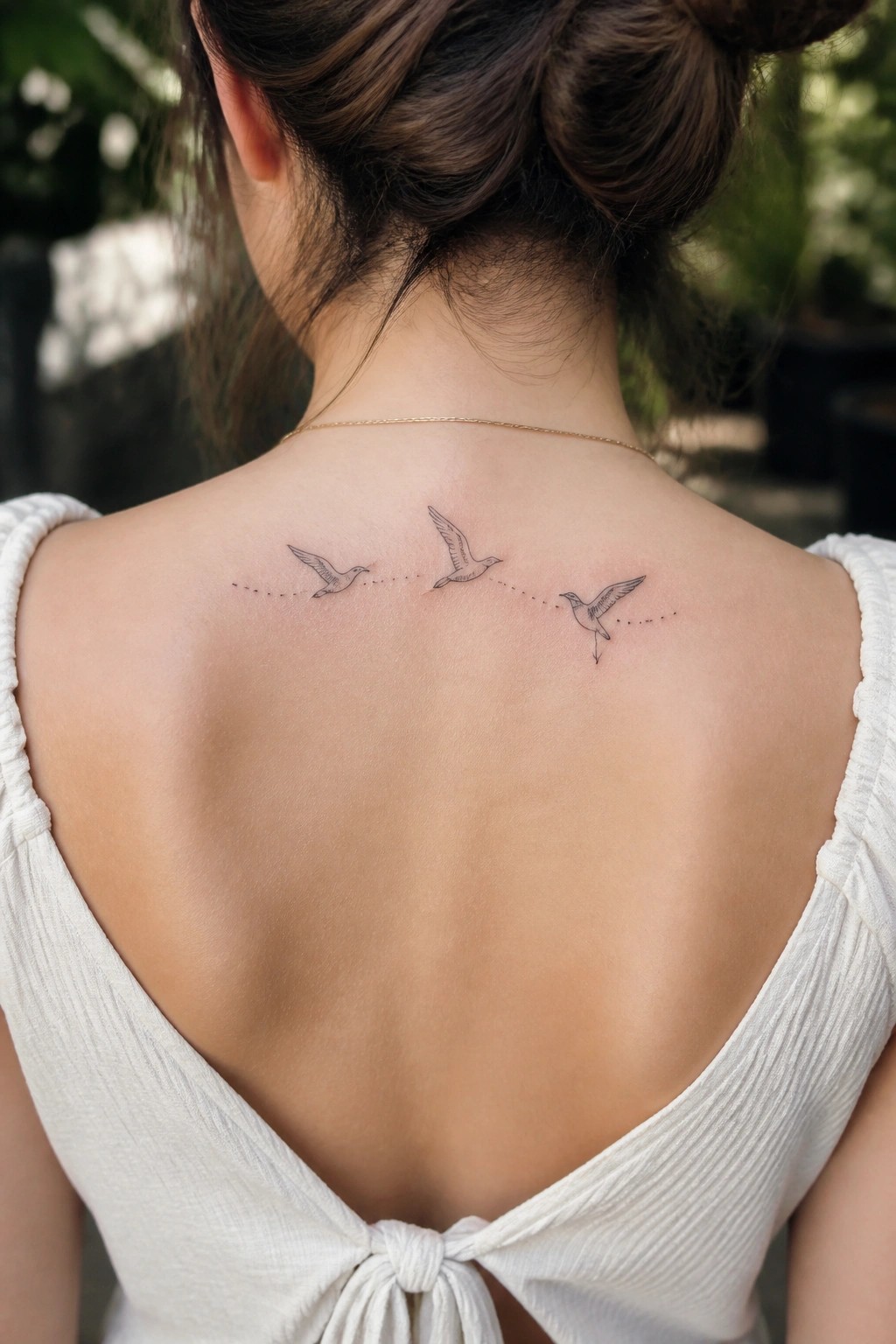 Fine line tattoo of three birds in flight with dotted paths across a woman's upper back.