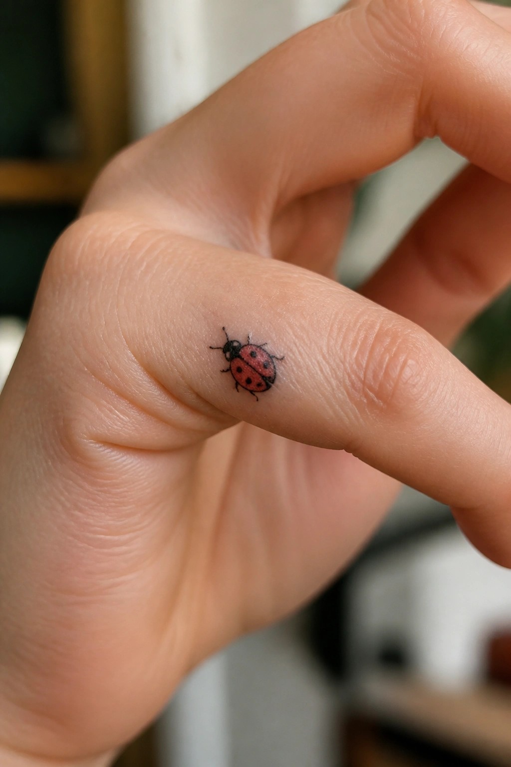 Tiny red ladybug tattoo with black spots on fingertip
