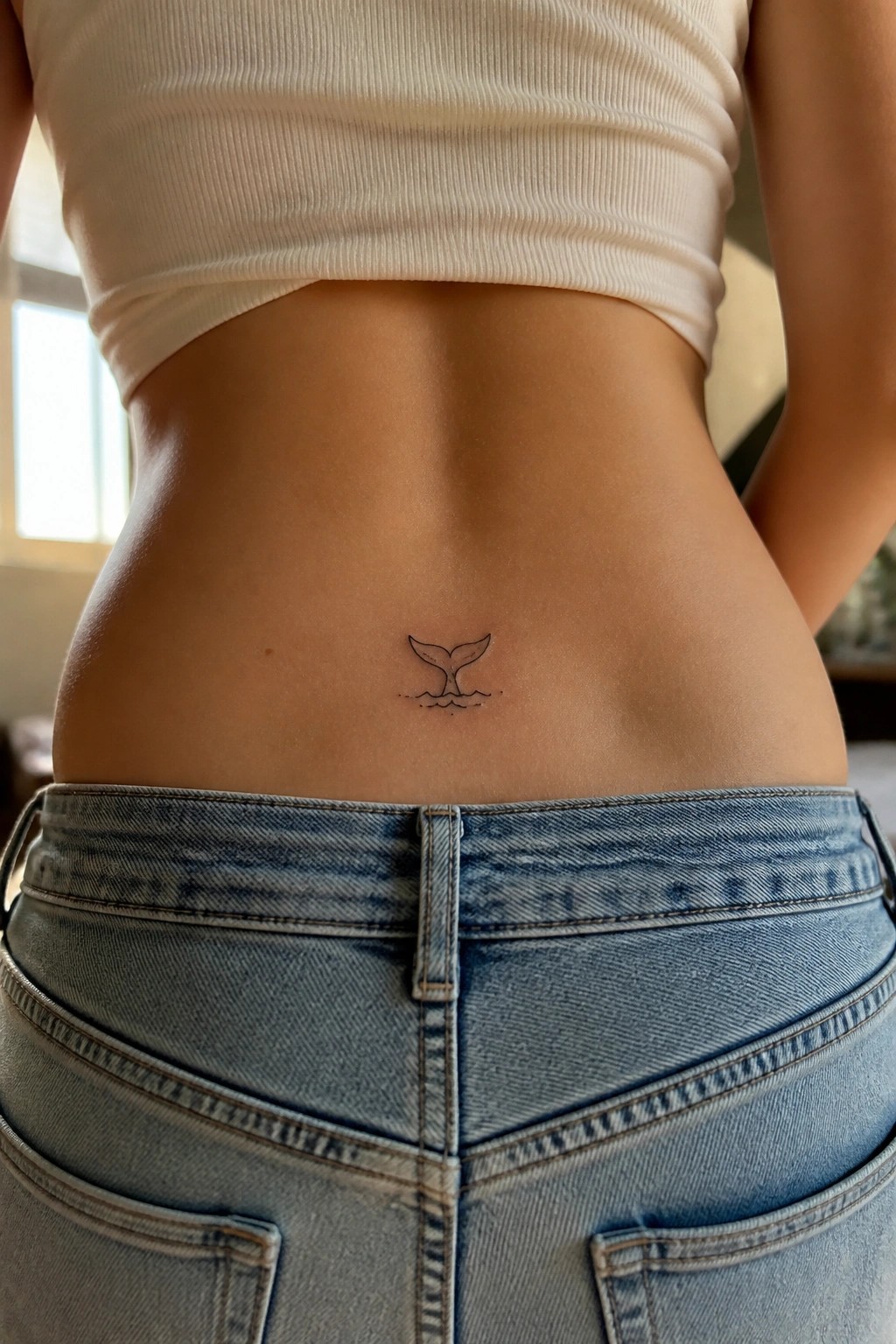 Small whale tail tattoo on lower back above light blue jeans and white crop top.